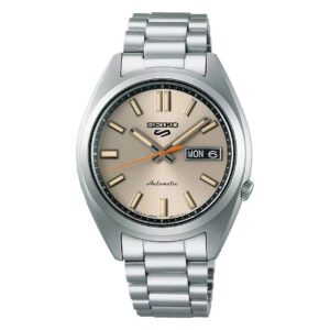Classic silver wristwatch with a beige dial and metal band.