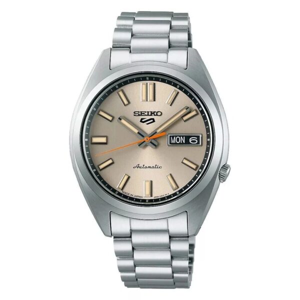 Classic silver wristwatch with a beige dial and metal band.