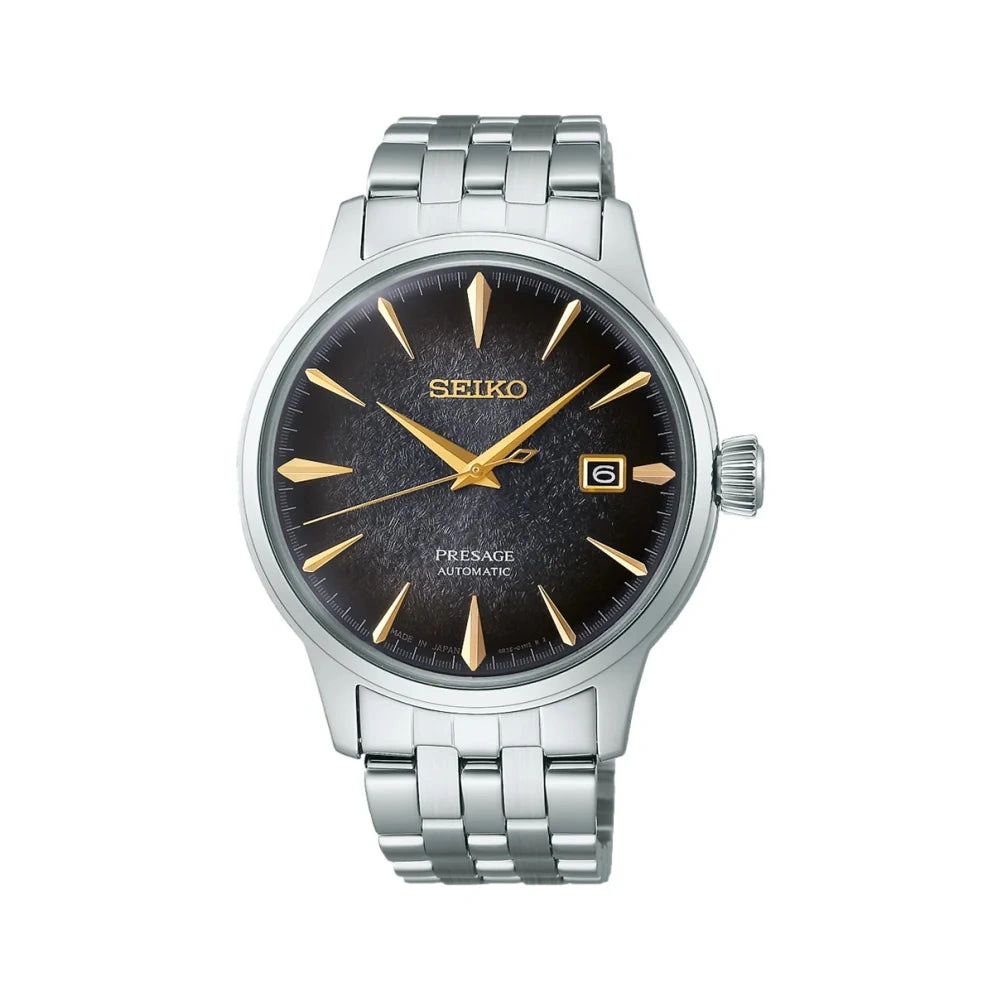 Elegant Seiko wristwatch with black dial and silver metal band.