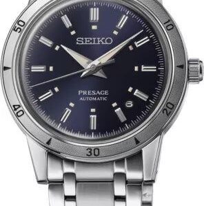 Seiko Presage wristwatch with blue dial and stainless steel bracelet.