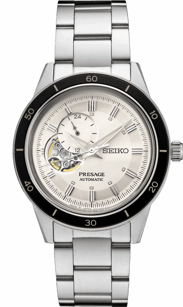 Elegant Seiko Presage automatic watch with visible mechanism.