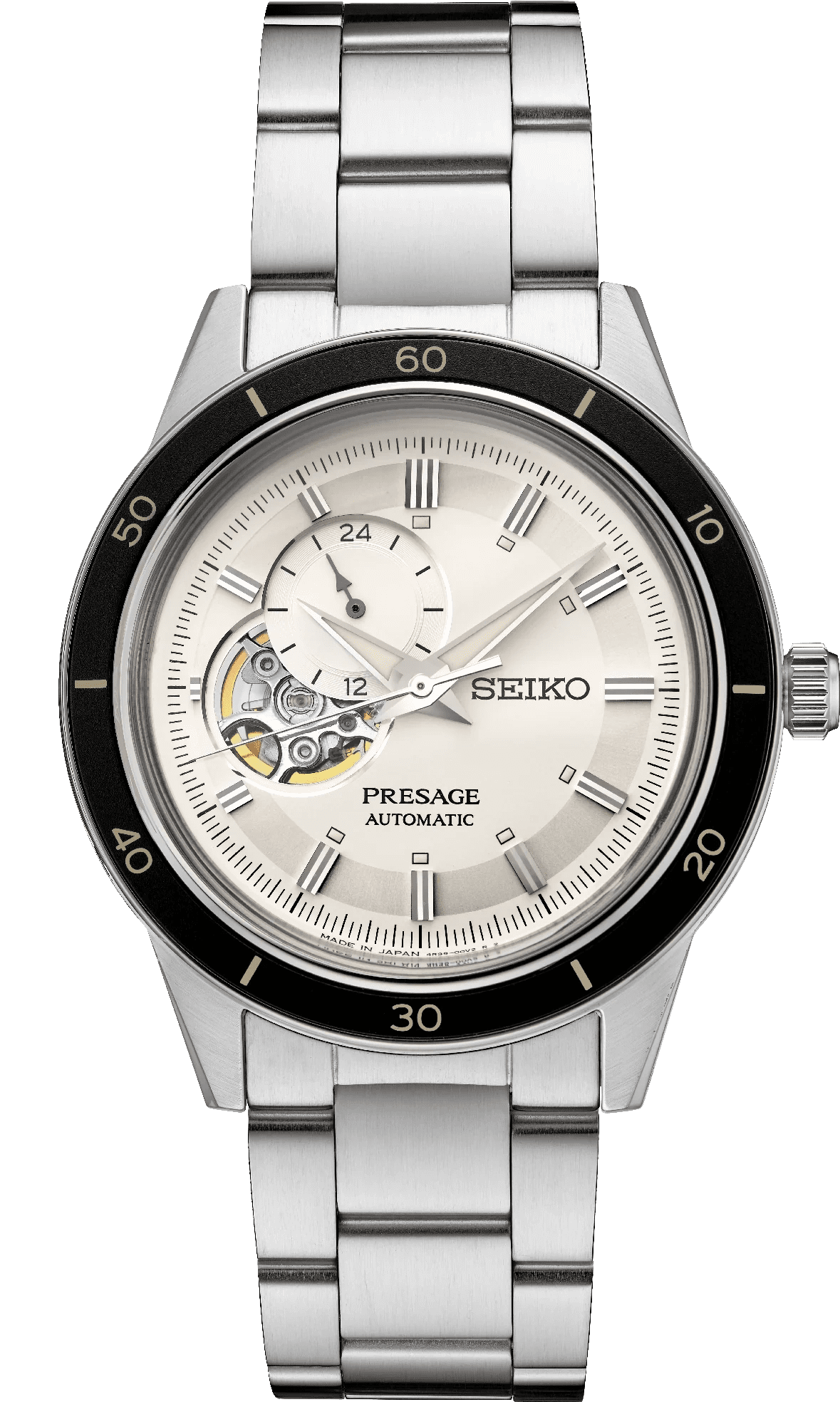 Elegant Seiko Presage automatic watch with visible mechanism.