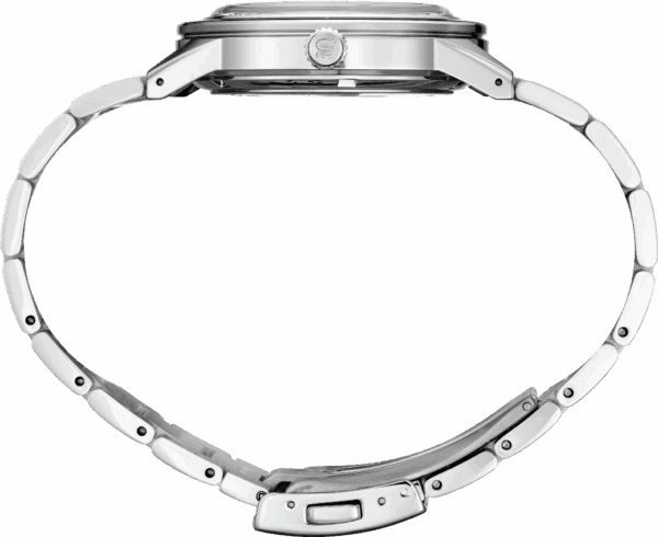 Side view of a silver wristwatch with a metal band.