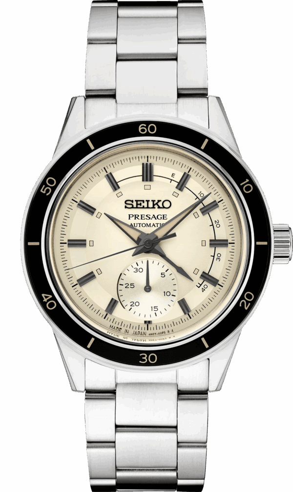 Seiko Presage wristwatch with a cream dial and black bezel.