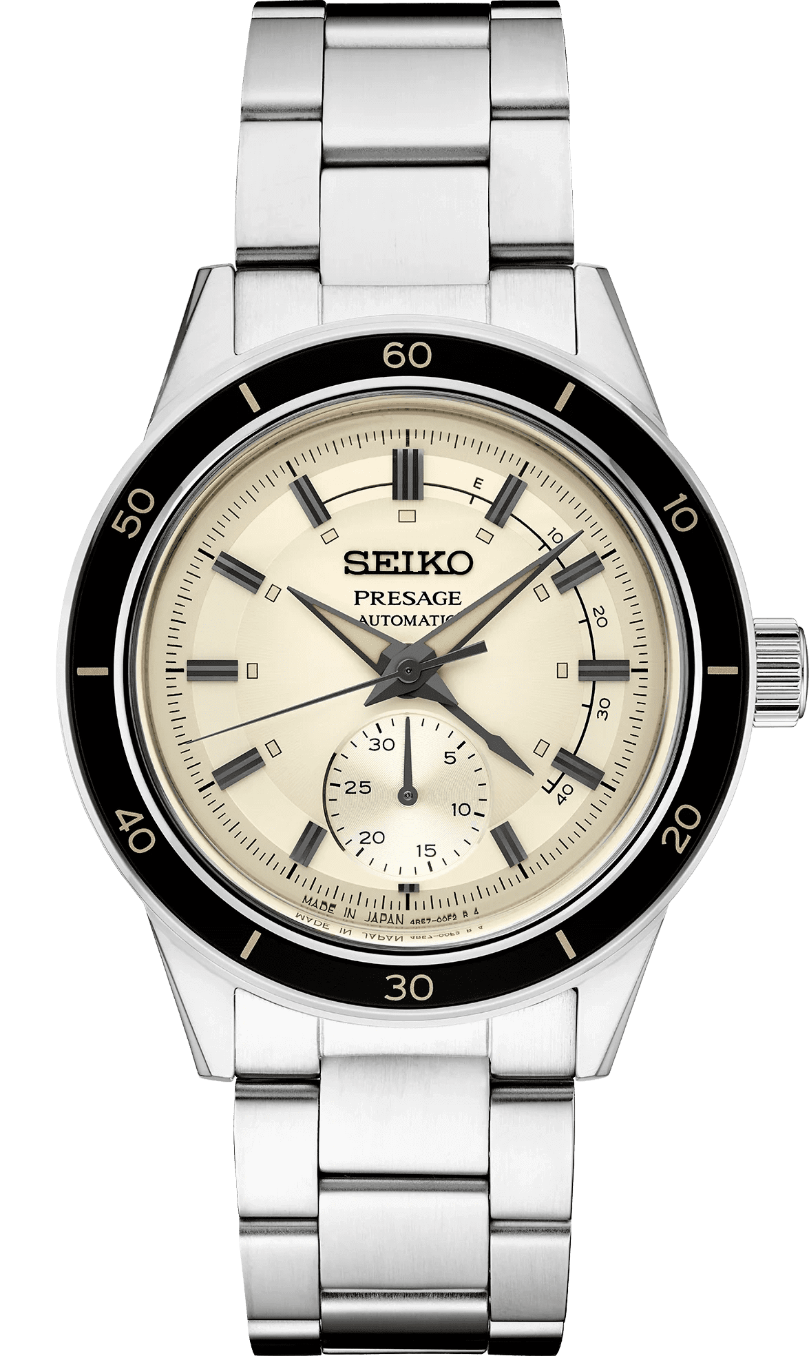 Seiko Presage wristwatch with a cream dial and black bezel.