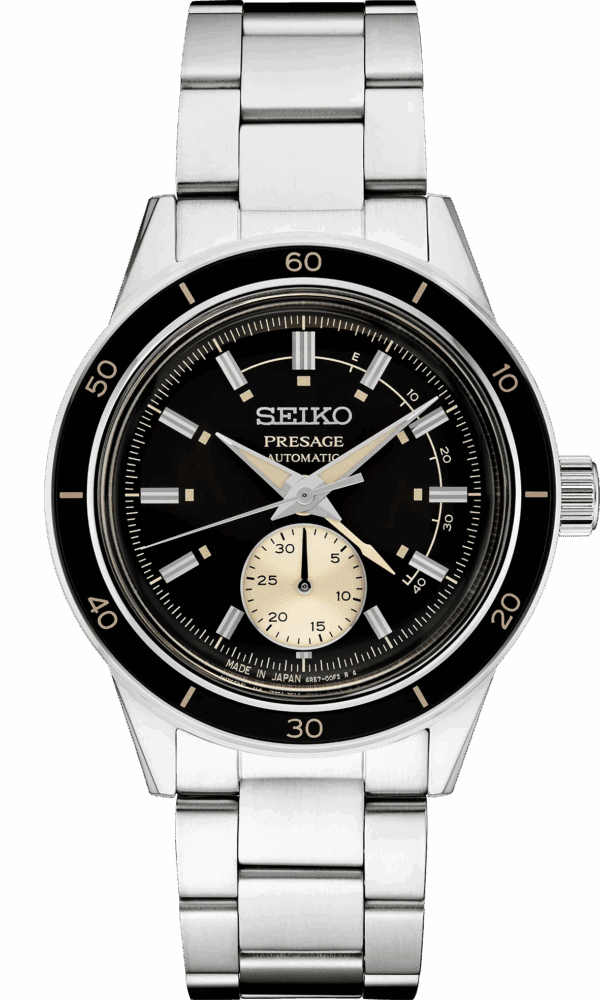 Elegant Seiko Presage automatic watch with black dial and white sub-dial.