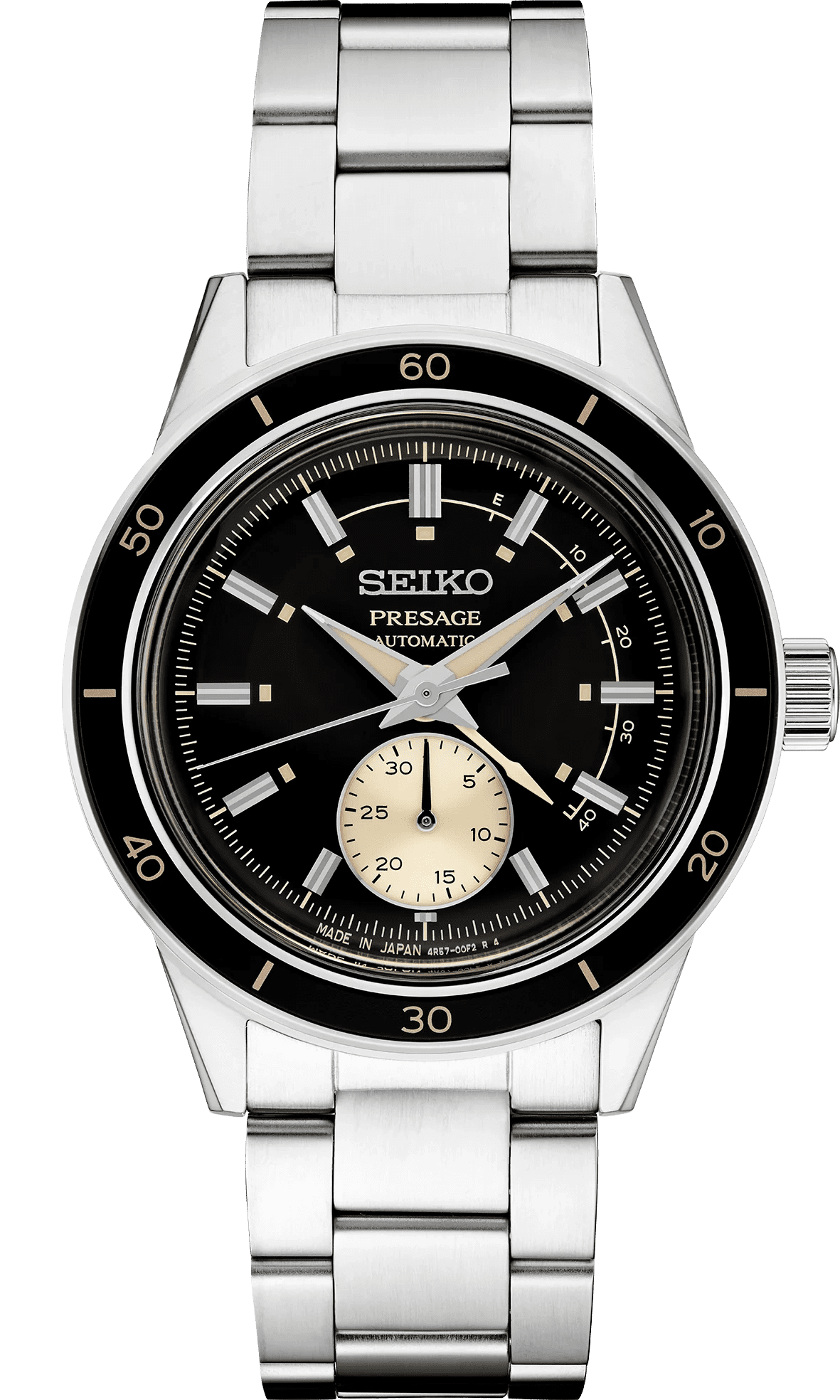 Elegant Seiko Presage automatic watch with black dial and white sub-dial.