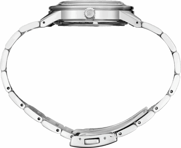 Side view of a silver wristwatch with a metal band.