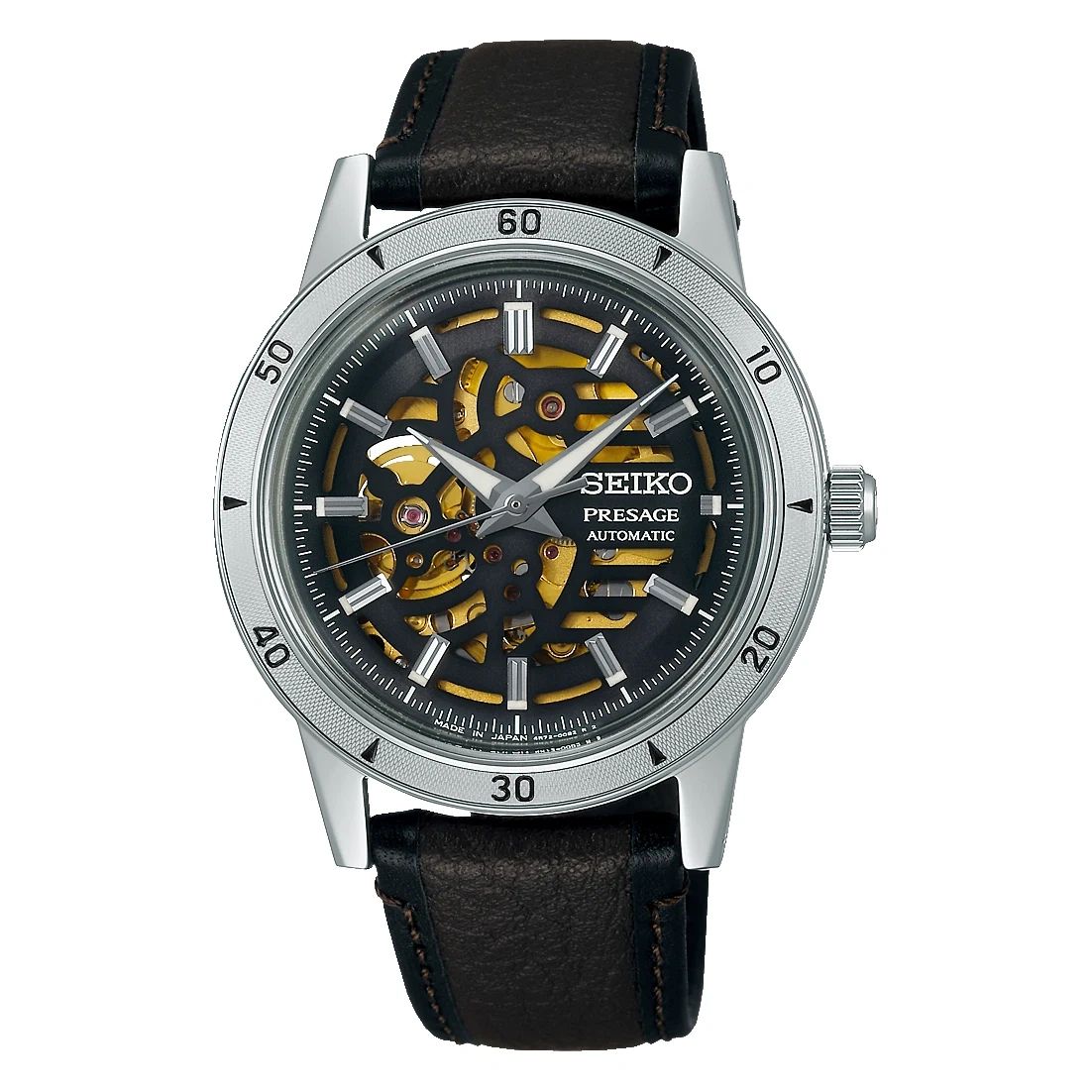 Seiko wristwatch with black leather strap and detailed metallic dial.