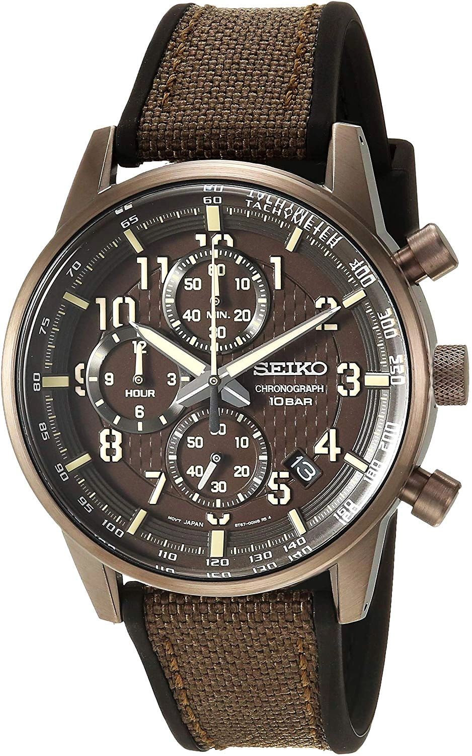 Close-up of a Seiko chronograph watch with a brown leather strap.