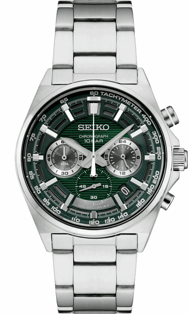 Seiko chronograph watch with green dial and stainless steel band.