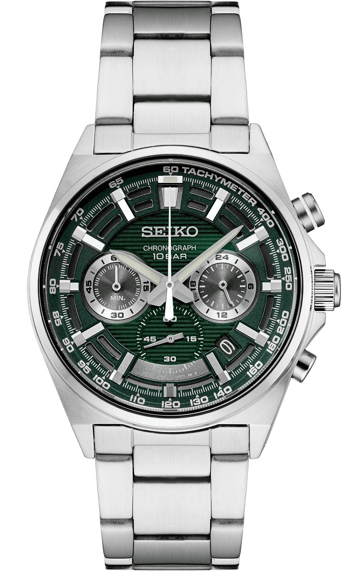 Seiko chronograph watch with green dial and stainless steel band.