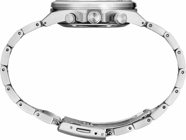 Side view of a silver wristwatch with detailed buttons and links.