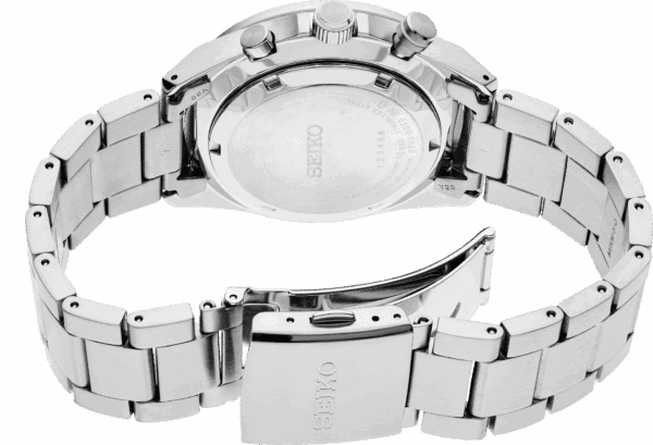 Silver wristwatch with metal link band and clasp.