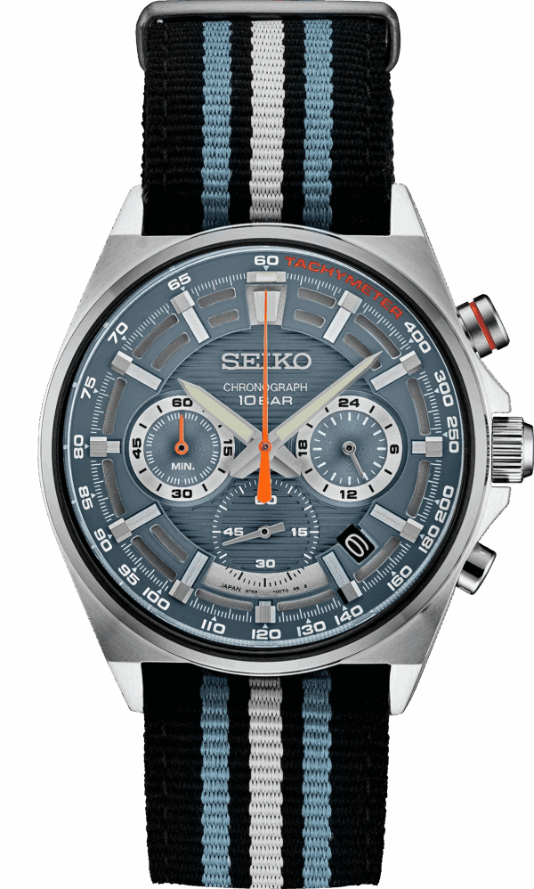 Seiko chronograph watch with a black and silver design.