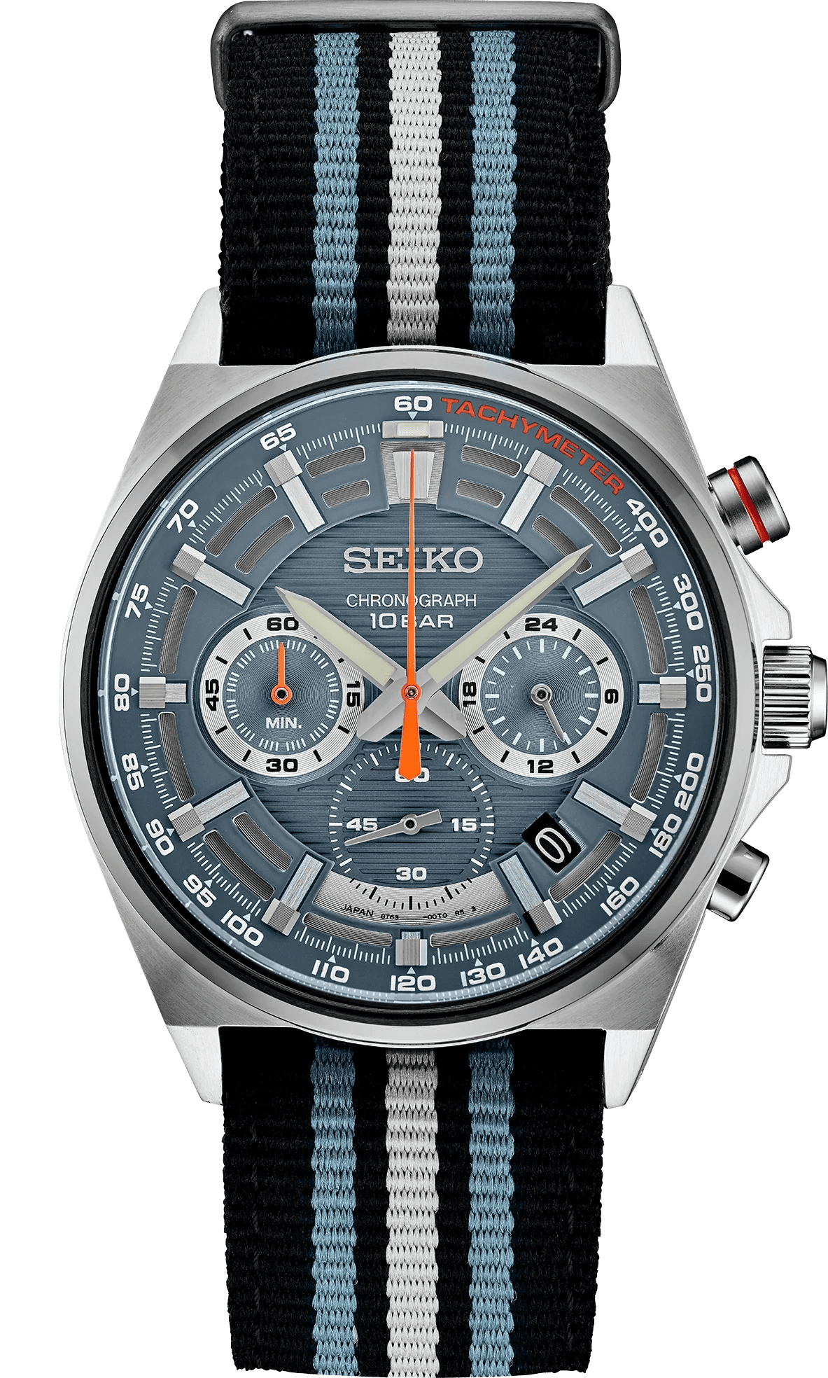 Seiko chronograph watch with a black and silver design.