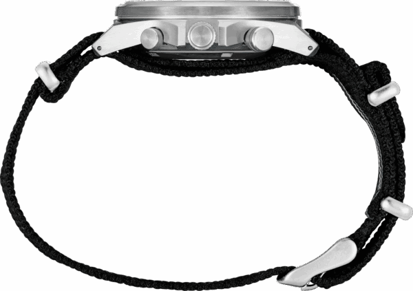 Side view of a wristwatch with a black strap and silver case.