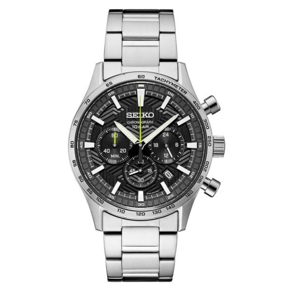Seiko men's stainless steel chronograph watch with black dial.