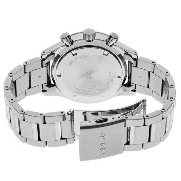 Stainless steel wristwatch with metal link bracelet and deployment clasp.