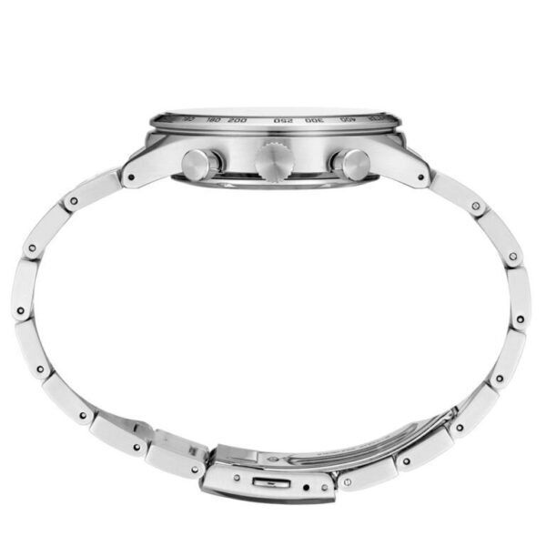 Side view of a sleek wristwatch with a metal band and clasp.