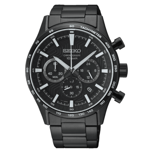 Sleek black Seiko chronograph watch with metal band.