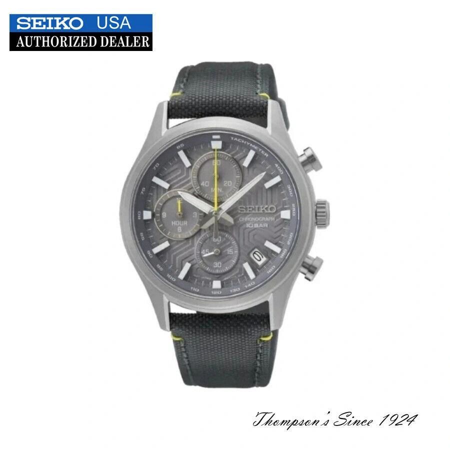Luxury Seiko chronograph watch with black leather strap and grey dial.