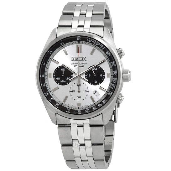 Silver Seiko chronograph watch with white dial and metal bracelet.