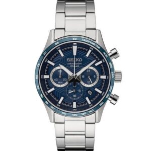Sleek stainless steel chronograph watch with blue dial and silver bracelet.
