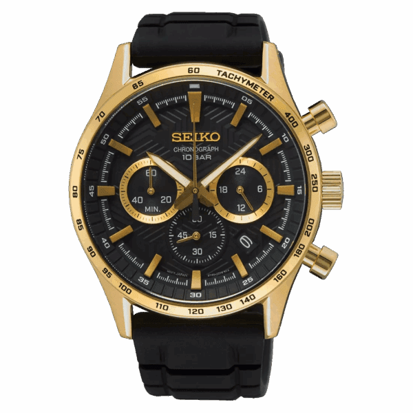 Elegant gold and black Seiko wristwatch with chronograph features.