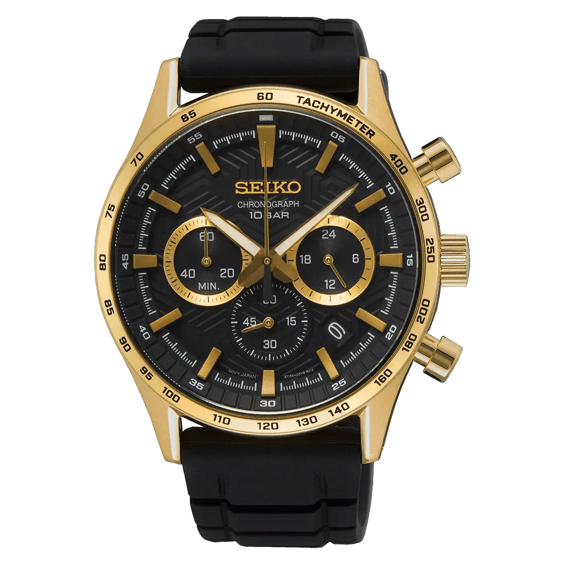 Elegant gold and black Seiko wristwatch with chronograph features.