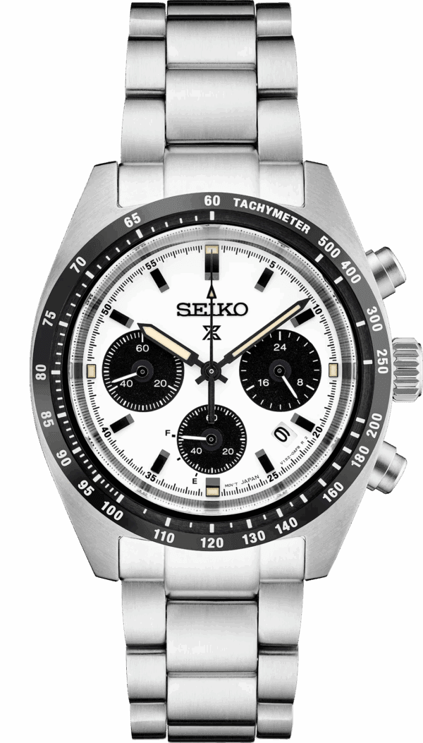 A Seiko chronograph watch with a white dial and black subdials.