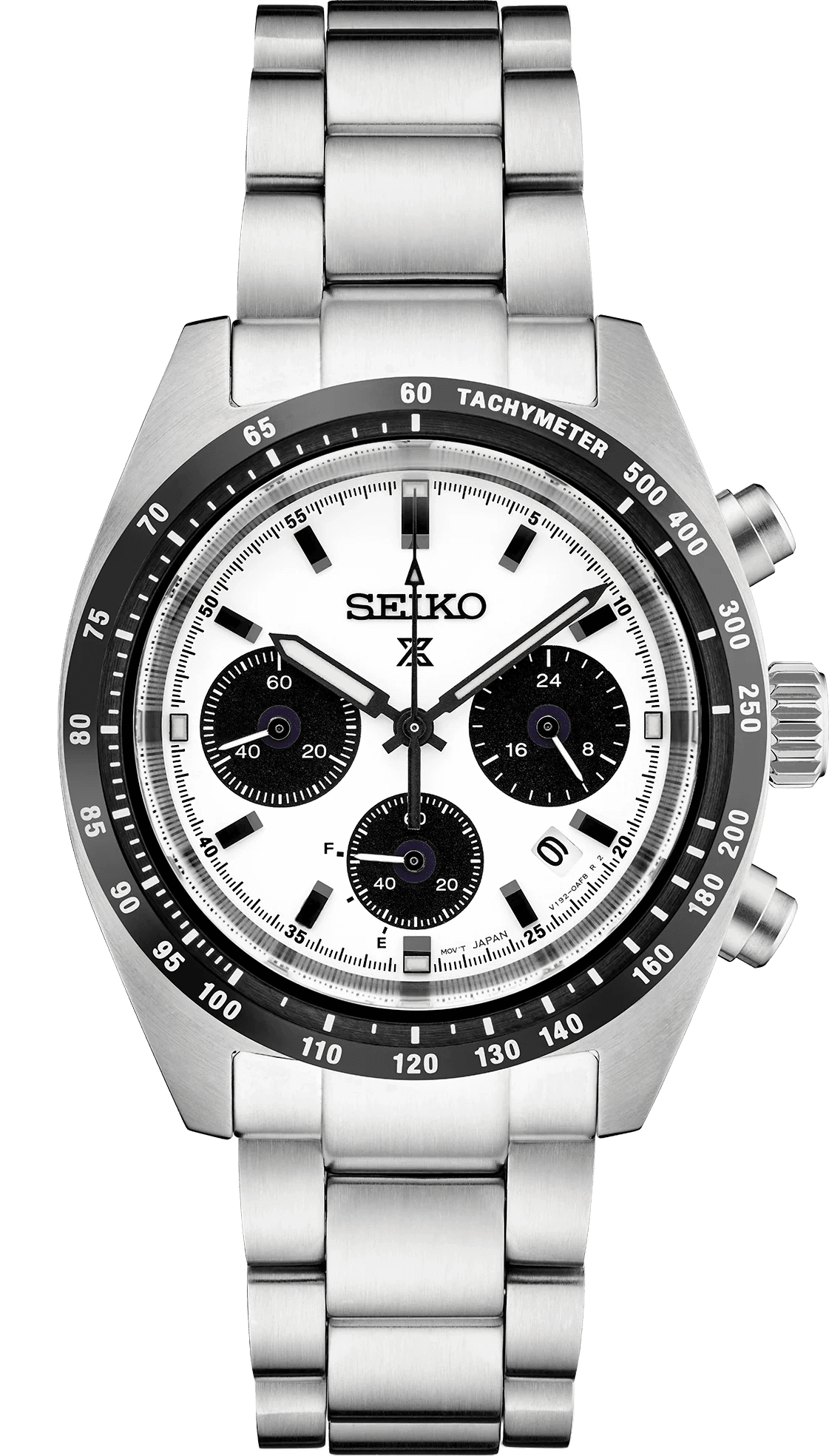 A Seiko chronograph watch with a white dial and black subdials.