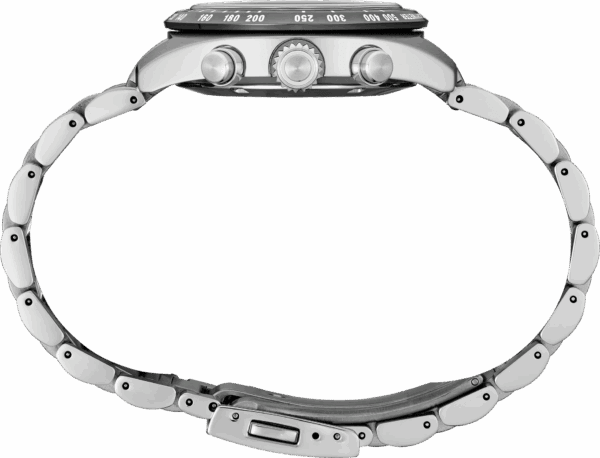 Side view of a stainless steel wristwatch showing its buttons and crown.