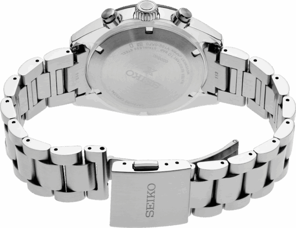 Close-up of the back and metal bracelet of a Seiko wristwatch.