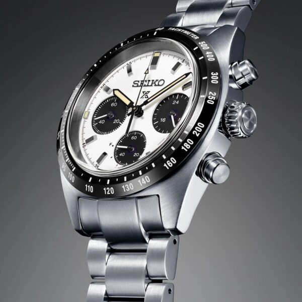 Close-up of a stylish stainless steel Seiko chronograph watch.