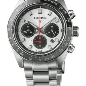 Seiko chronograph wristwatch with a stainless steel band and tachymeter bezel.