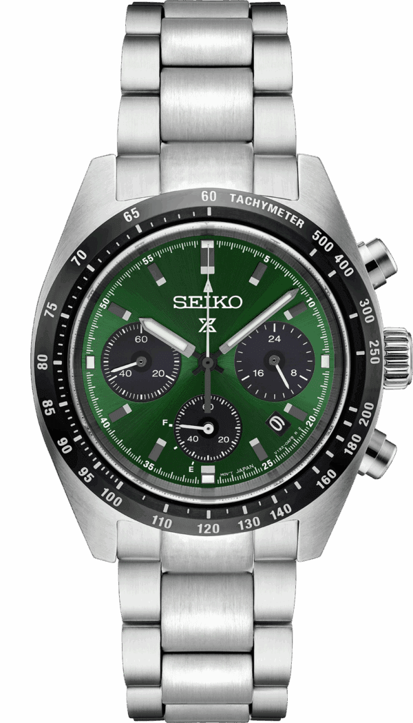 Seiko watch with green dial and silver stainless steel strap.