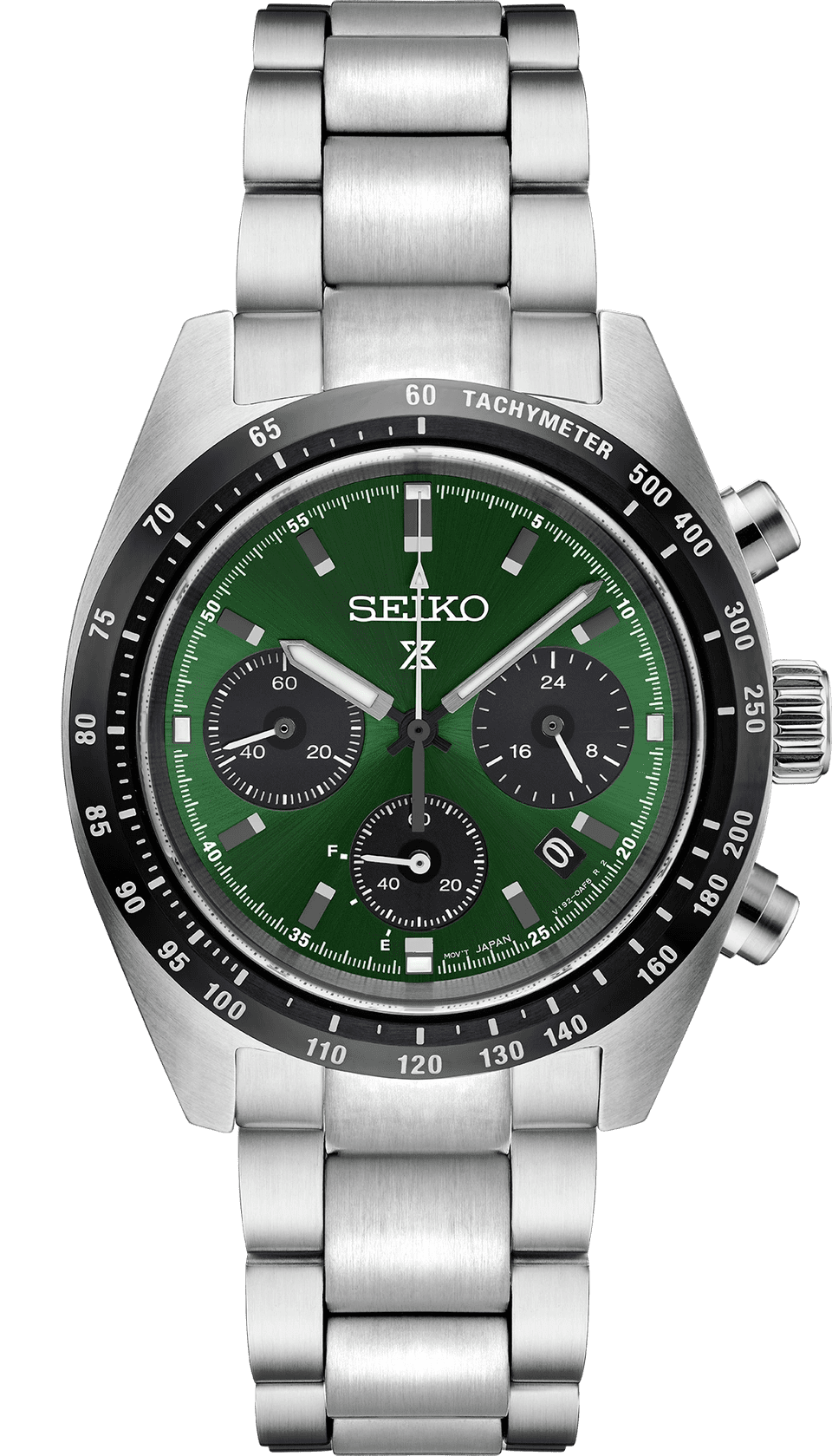 Seiko watch with green dial and silver stainless steel strap.