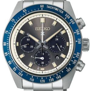 Seiko chronograph watch with blue bezel and tachymeter scale.