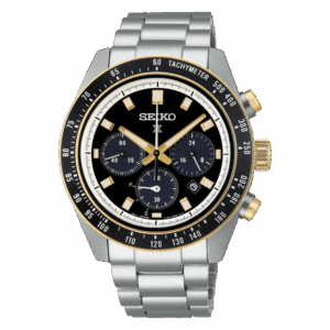 A sleek Seiko chronograph watch with a black dial and silver metal band.