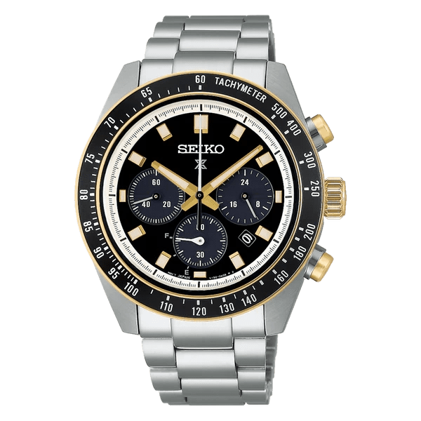 A sleek Seiko chronograph watch with a black dial and silver metal band.
