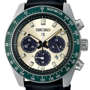 Seiko chronograph watch with green bezel and cream dial.
