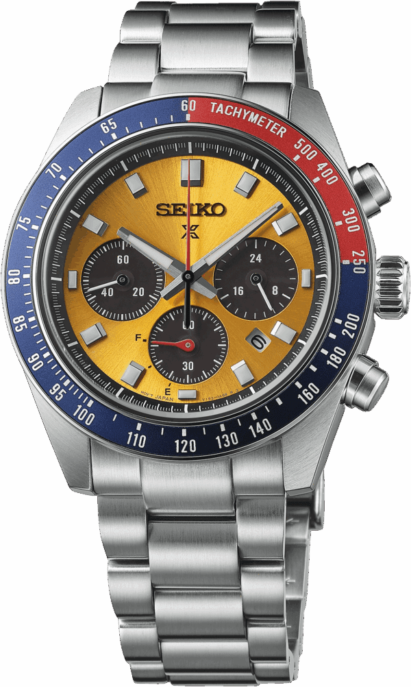 Seiko chronograph watch with yellow dial and blue-red bezel on metal bracelet.
