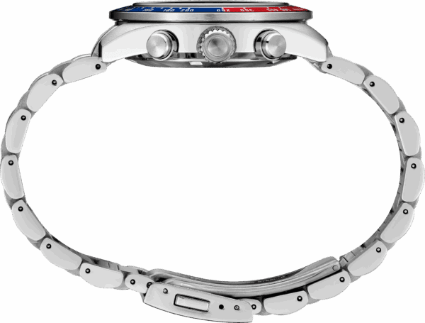 Side view of a luxury wristwatch with a silver metal band and a red and blue bezel.