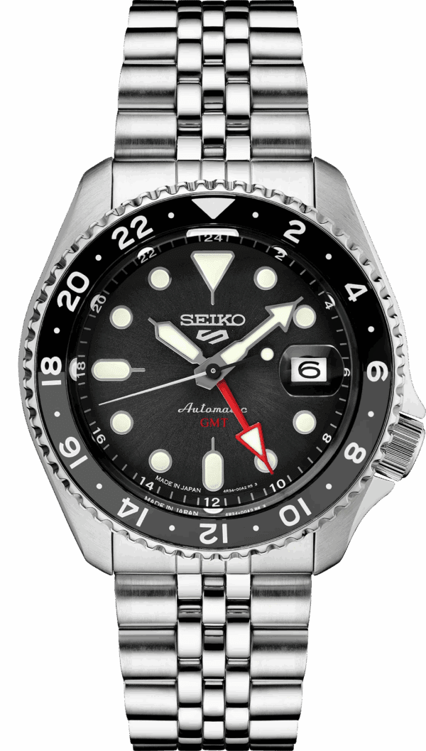 Seiko automatic wristwatch with black dial and date display.