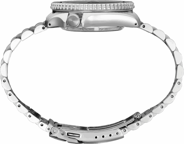Side profile of a silver wristwatch showing the case and metal bracelet.