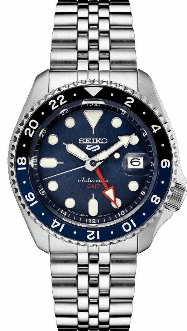 Seiko automatic dive watch with blue and black bezel and date display.