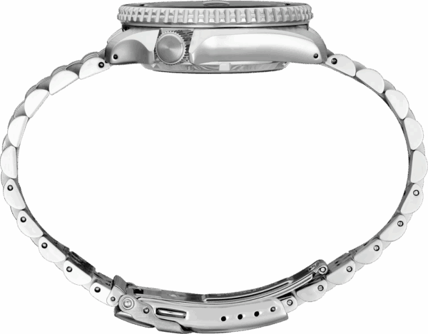 Silver wristwatch with a metallic band and detailed side profile.