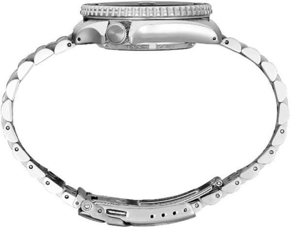 Side view of a silver wristwatch with a metal band against white background.