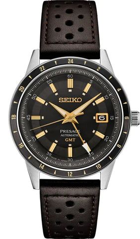 Seiko Presage GMT watch with black dial and gold accents.